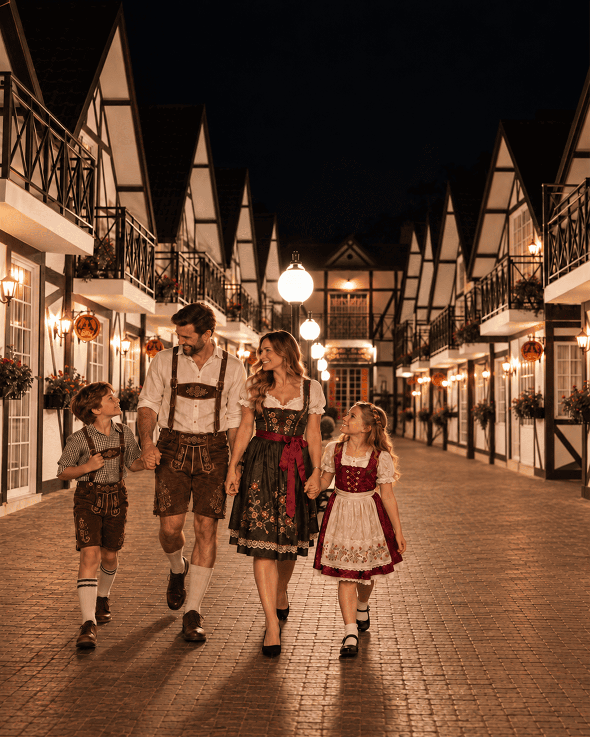 Ilustração publicitária de uma família em trajes de inspiração germânica, em cenário festivo
