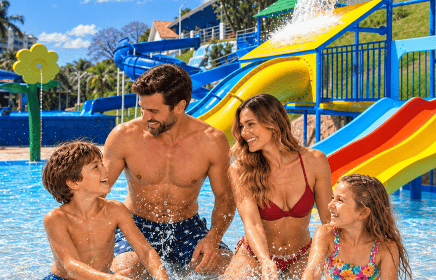 Ilustração publicitária de uma família aproveitando uma piscina recreativa em parque aquático